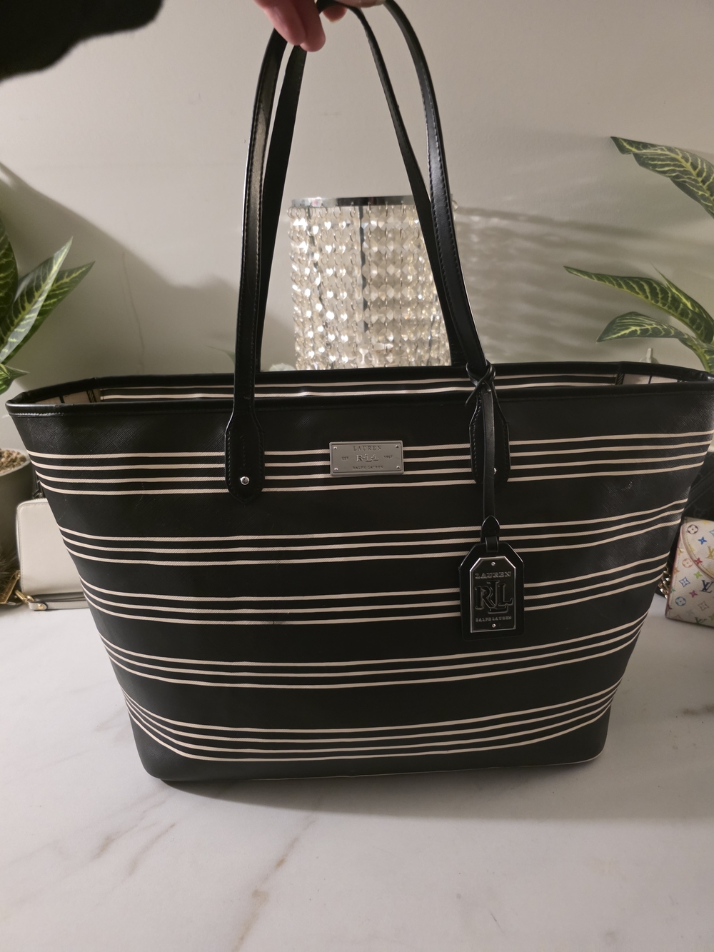 Ralph Lauren Black & Cream Striped Tote Bag